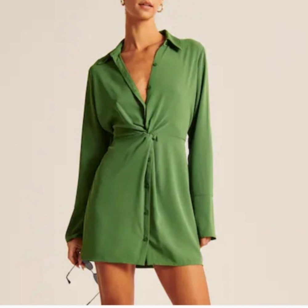 Abercrombie Green Long Sleeve Twist Front Shirt Dress Women’s L Button Closure